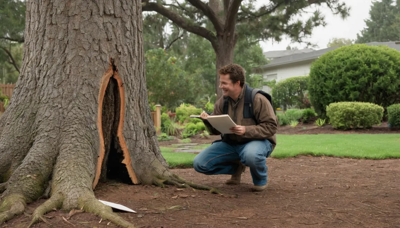 A provider checking a cracked tree trunk in a yard across the Madison area